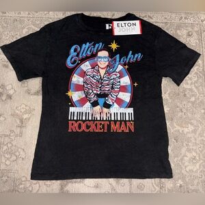 Elton John Rocket Man Graphic T-Shirt XS Black Licensed Band Tee 100%Cotton NWT